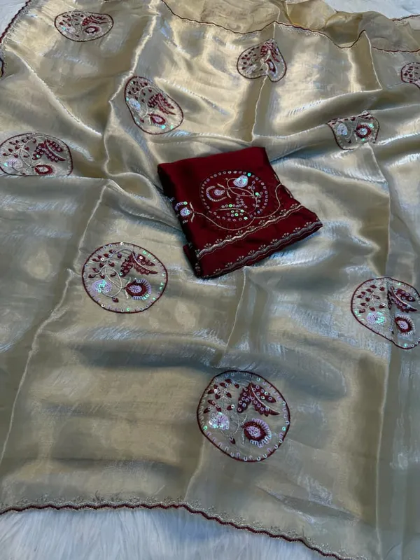 Pure_Soft_Fendy_Satin_Saree_With__Embroidery_Work_And_Contrast_Maching_Blouse