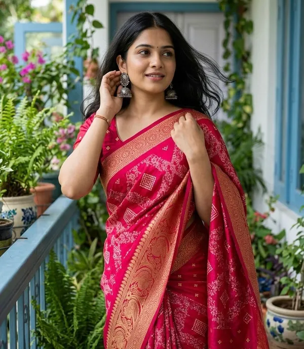 Printed,_Woven_Bandhani_Pure_Silk_Saree_(Pink)