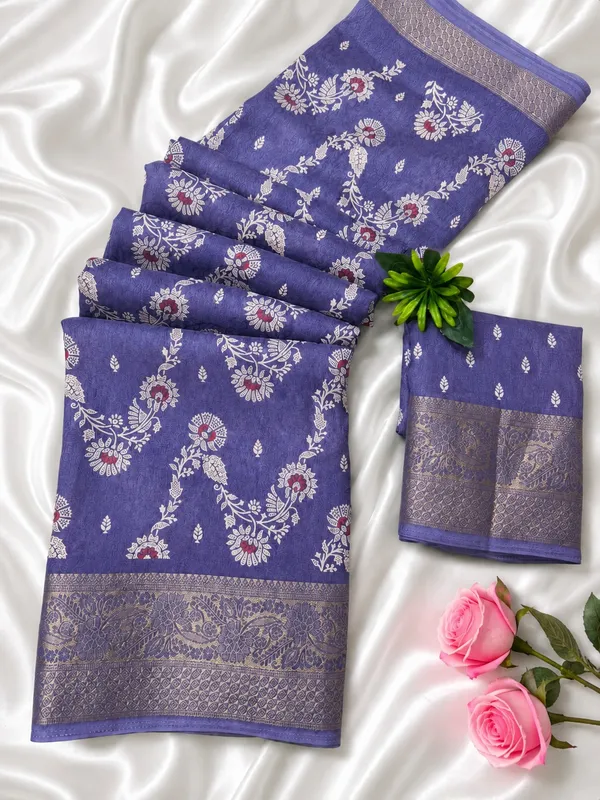 Premium_Lavender_Purple_Floral_Print_Saree_with_Designer_Zari_Border_And_Printed_Blouse