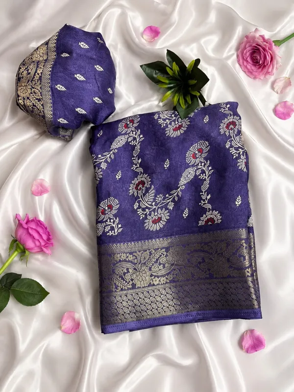 Premium_Lavender_Purple_Floral_Print_Saree_with_Designer_Zari_Border_And_Printed_Blouse