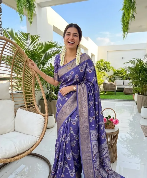 Premium_Lavender_Purple_Floral_Print_Saree_with_Designer_Zari_Border_And_Printed_Blouse