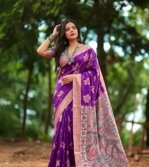 Purple_Cotton_Silk_Floral_Print_And_Printed_And_Self_Design_Saree_For_Women