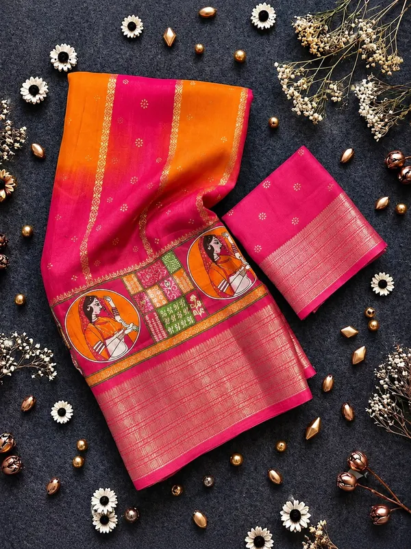 Trandy_Soft__Kalamkari_Pure_Marsh_Mellow_Silk_Saree_With_Printed_Blouse