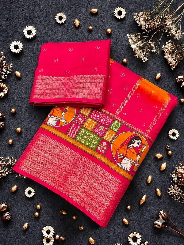 Trandy_Soft__Kalamkari_Pure_Marsh_Mellow_Silk_Saree_With_Printed_Blouse