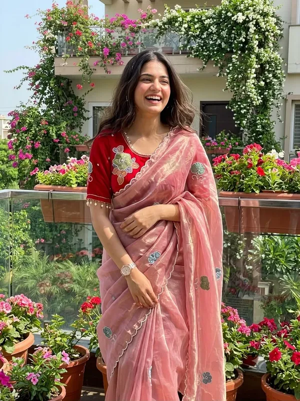Pure_Soft_Fendy_Satin_silk_Fancy_saree_With_Hand_Work_Flower_Work_and_Aarco_Border_And_Fully_Stched_Blouse