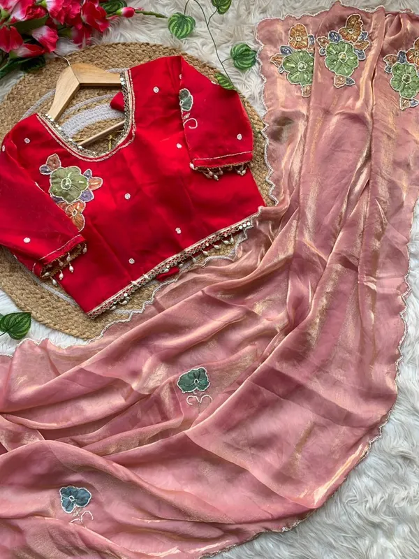 Pure_Soft_Fendy_Satin_silk_Fancy_saree_With_Hand_Work_Flower_Work_and_Aarco_Border_And_Fully_Stched_Blouse