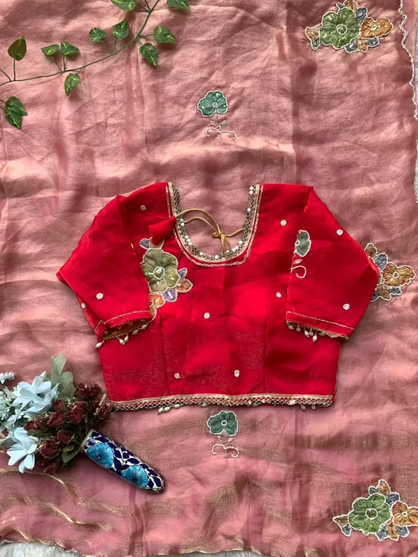 Pure_Soft_Fendy_Satin_silk_Fancy_saree_With_Hand_Work_Flower_Work_and_Aarco_Border_And_Fully_Stched_Blouse