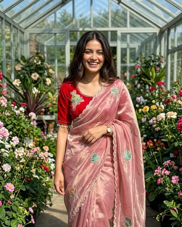 Pure_Soft_Fendy_Satin_silk_Fancy_saree_With_Hand_Work_Flower_Work_and_Aarco_Border_And_Fully_Stched_Blouse