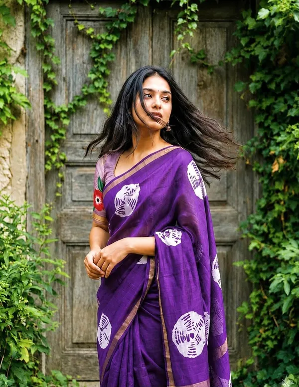 Printed,_Floral_Print_Ikkat_Linen_Saree_(Multicolor)