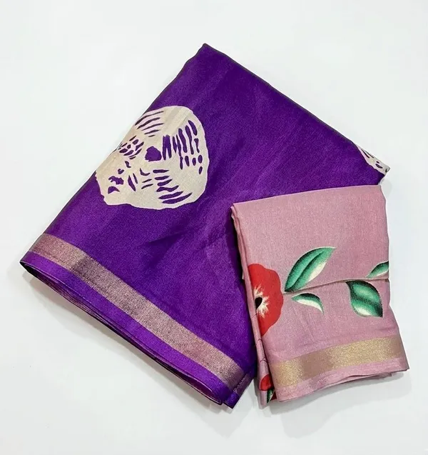 Printed,_Floral_Print_Ikkat_Linen_Saree_(Multicolor)