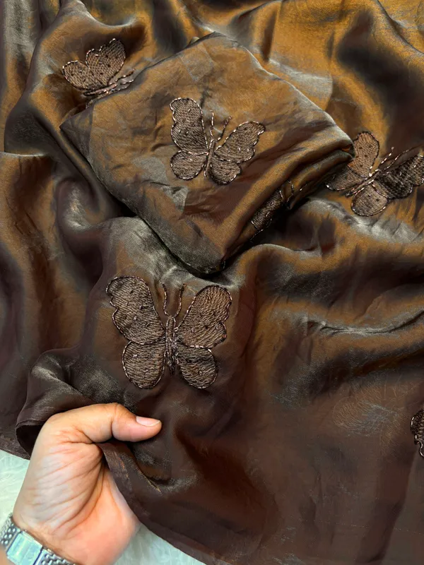 Tranding_Fendy_Satin_Two_Tone_Dark_Coffee_with_Beautiful_Handwork_Beads_Butter_Fly_Work