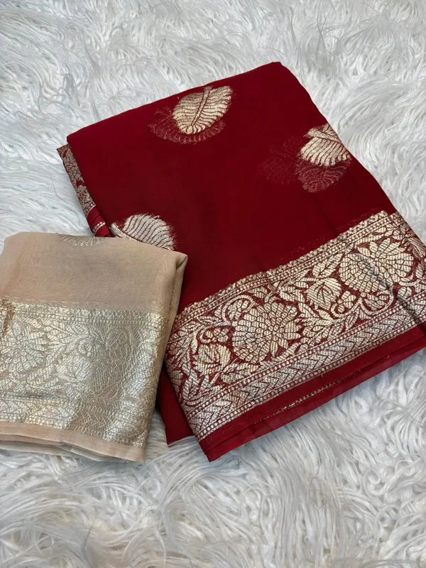 Tranding_Viscose_Georgette_saree_With_All_Over_Jari_Wewing_Work_And_Contrast_Blouse