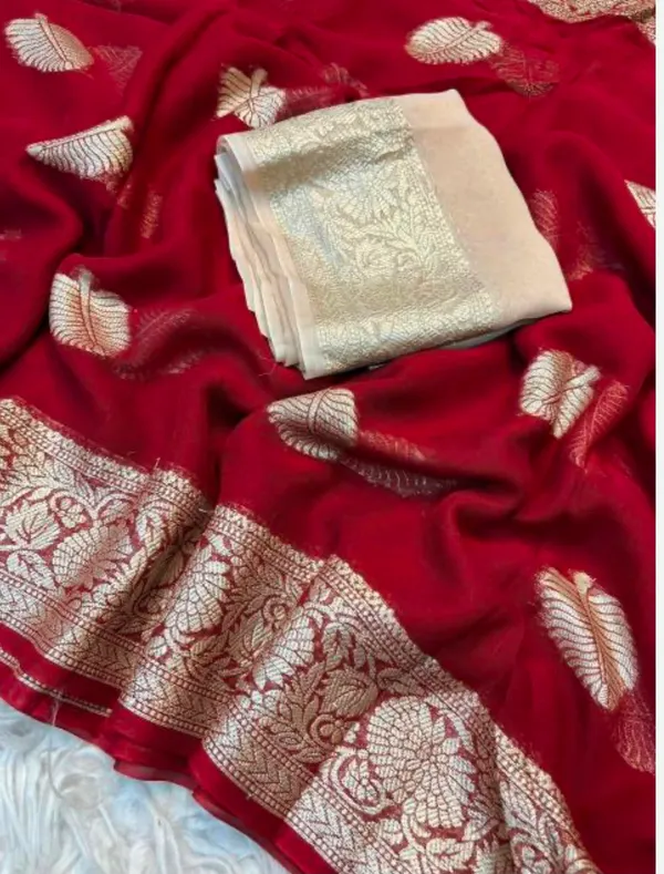 Tranding_Viscose_Georgette_saree_With_All_Over_Jari_Wewing_Work_And_Contrast_Blouse