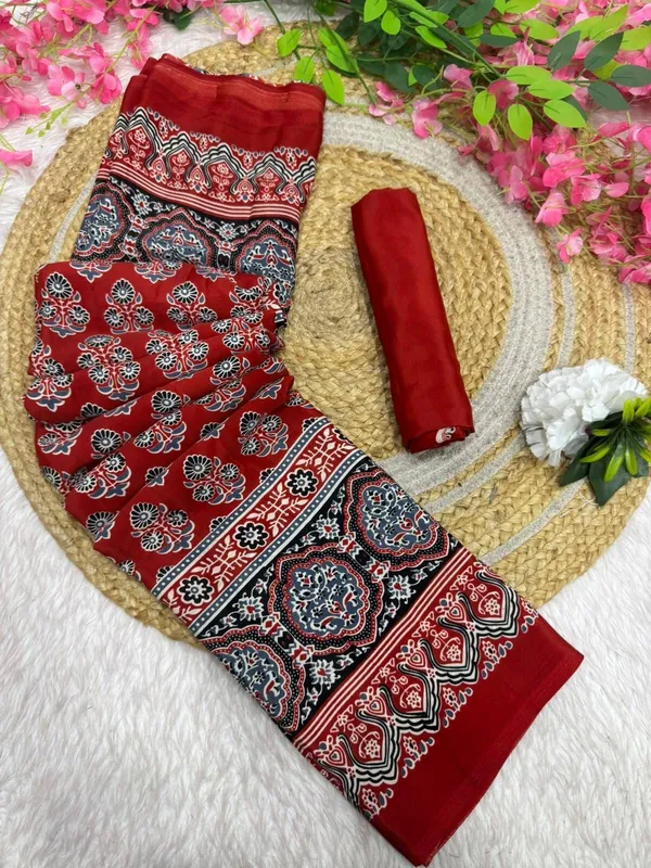 Red_Crepe_Printed_And_Floral_Print_And_Geometric_Print_Saree_For_Women
