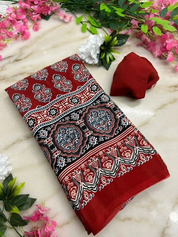 Red_Crepe_Printed_And_Floral_Print_And_Geometric_Print_Saree_For_Women