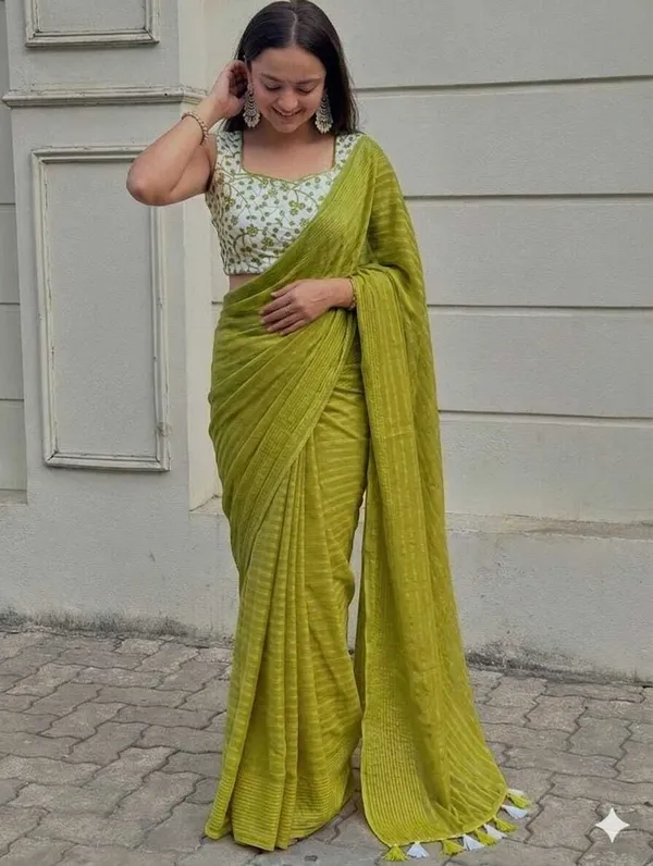 Green_Chiffon_Striped_And_Self_Design_Saree_For_Women
