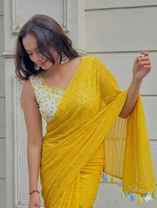 Yellow_Chiffon_Striped_And_Self_Design_Saree_For_Women