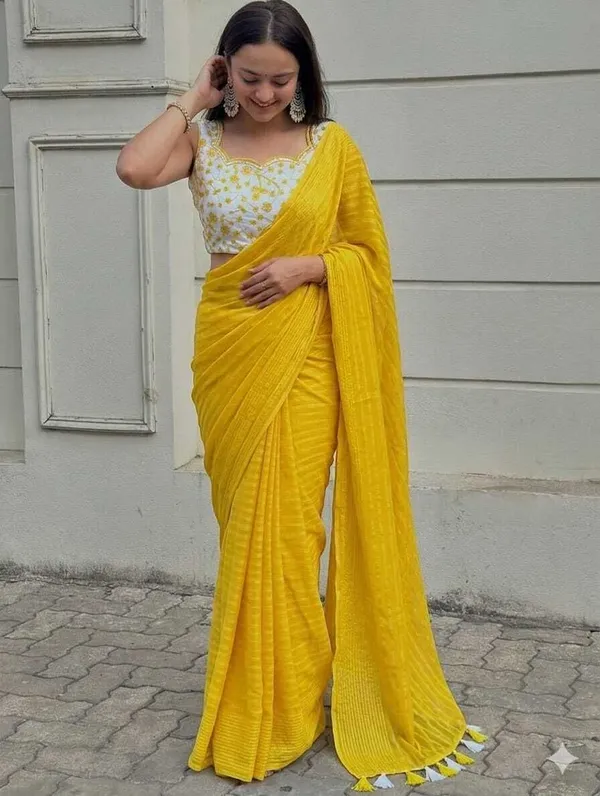 Yellow_Chiffon_Striped_And_Self_Design_Saree_For_Women