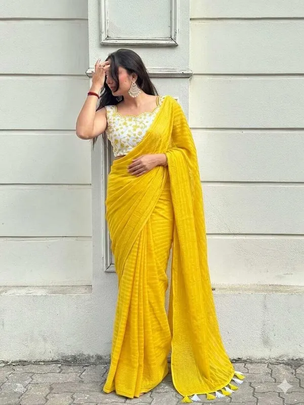 Yellow_Chiffon_Striped_And_Self_Design_Saree_For_Women