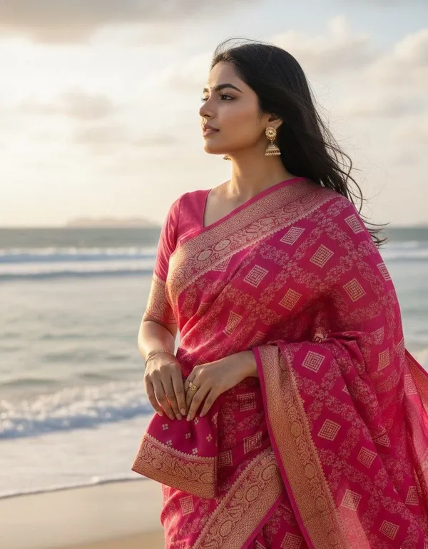 Pink_Pure_Silk_Woven_And_Geometric_Print_And_Floral_Print_And_Self_Design_Saree_For_Women