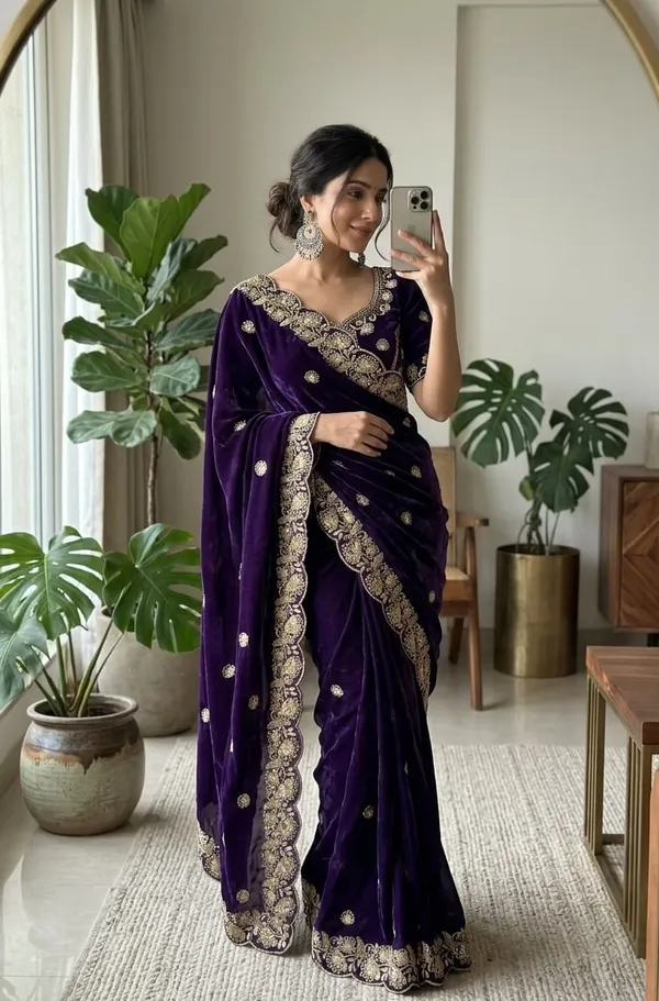 Very_Soft_Fendy_Satin_Saree_With_Sequence_work_heavy_Border_And_Stiched_Blouse