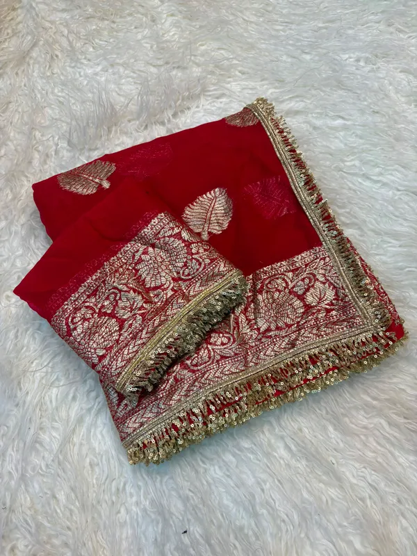 Pure_Red_Georgette_With_Jacquard_Design_And_Sequence_Lace_Work_And_Maching_Blouse