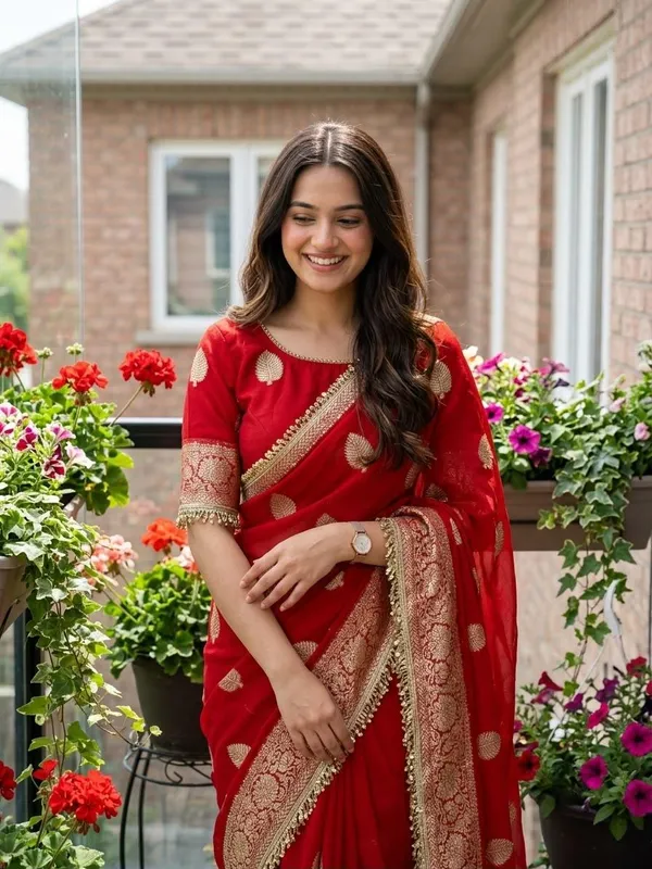 Pure_Red_Georgette_With_Jacquard_Design_And_Sequence_Lace_Work_And_Maching_Blouse