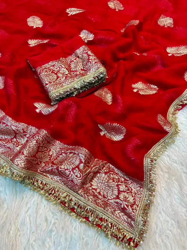 Pure_Red_Georgette_With_Jacquard_Design_And_Sequence_Lace_Work_And_Maching_Blouse
