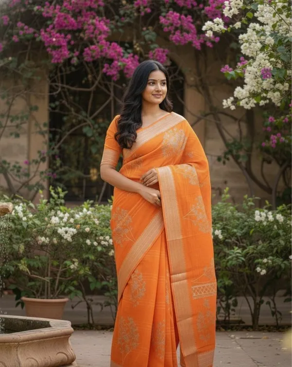 Orange_Pure_Cotton_Floral_Print_And_Printed_Saree_For_Women