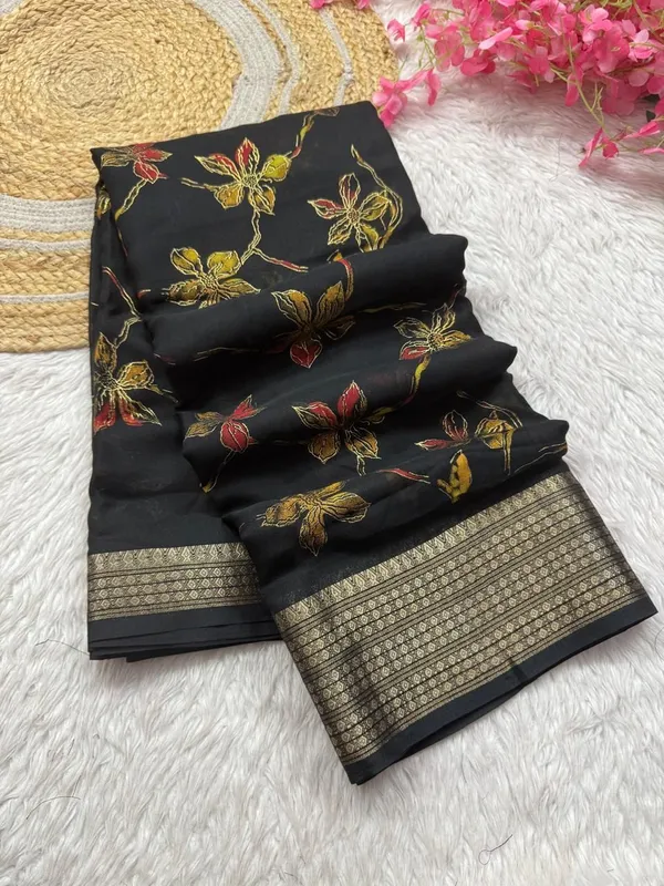Black_Cotton_Silk_Floral_Print_And_Printed_And_Woven_Saree_For_Women