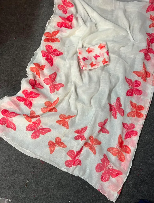Printed,_Floral_Print_Ikkat_Linen_Saree_(White)
