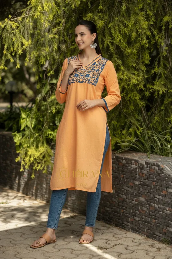 Ishq_Mul_Cotton_Blush_Orange_Fine_Chikankari_Kurta_In_Blue_Thread