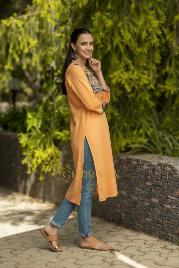 Ishq_Mul_Cotton_Blush_Orange_Fine_Chikankari_Kurta_In_Blue_Thread