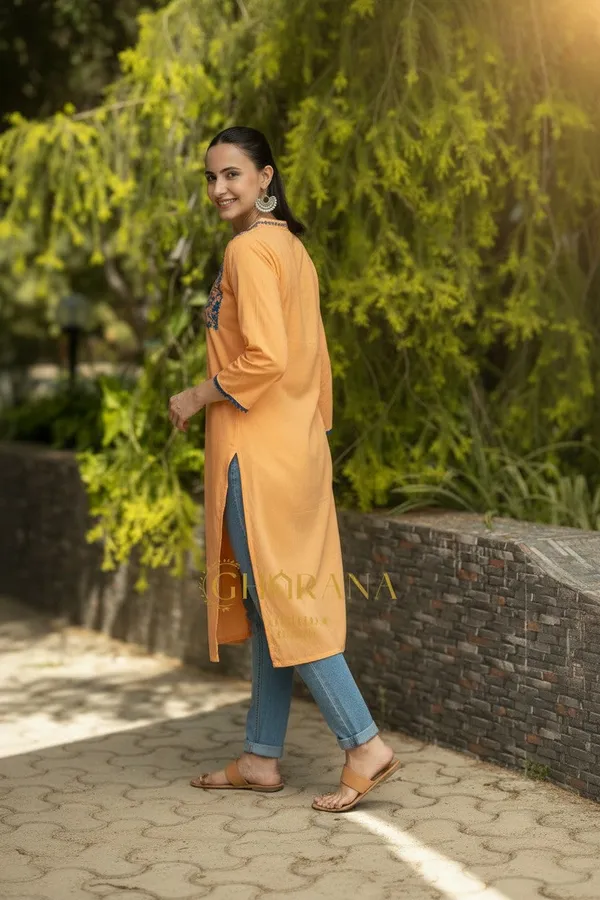 Ishq_Mul_Cotton_Blush_Orange_Fine_Chikankari_Kurta_In_Blue_Thread
