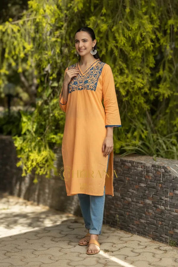 Ishq_Mul_Cotton_Blush_Orange_Fine_Chikankari_Kurta_In_Blue_Thread