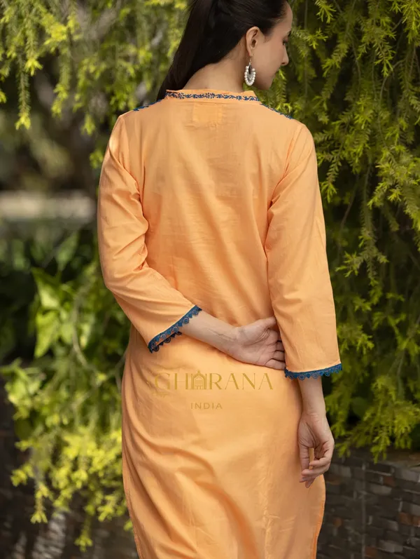 Ishq_Mul_Cotton_Blush_Orange_Fine_Chikankari_Kurta_In_Blue_Thread
