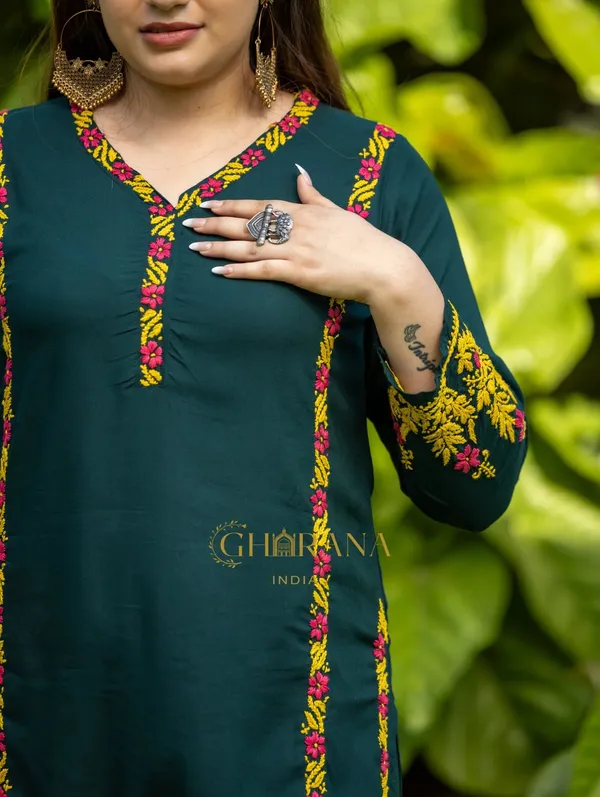 Ishq_Rayon_2_Pc_Bottle_Green_Chikankari_Kurta_Set