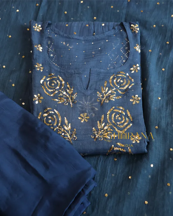 Premium_Mulchanderi_3_Pc_Semi_Stitched_Tunic_Dupatta_Bottom_In_Kamdani_Work_Cobalt_Blue