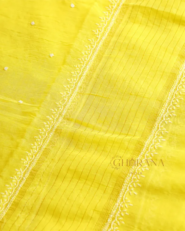 Premium_Mulchanderi_3_Pc_Unstitched_Kurta_And_Dupatta_And_Bottom_Set_In_Pearl_Katdana_And_Mukaish_Work_Yellow