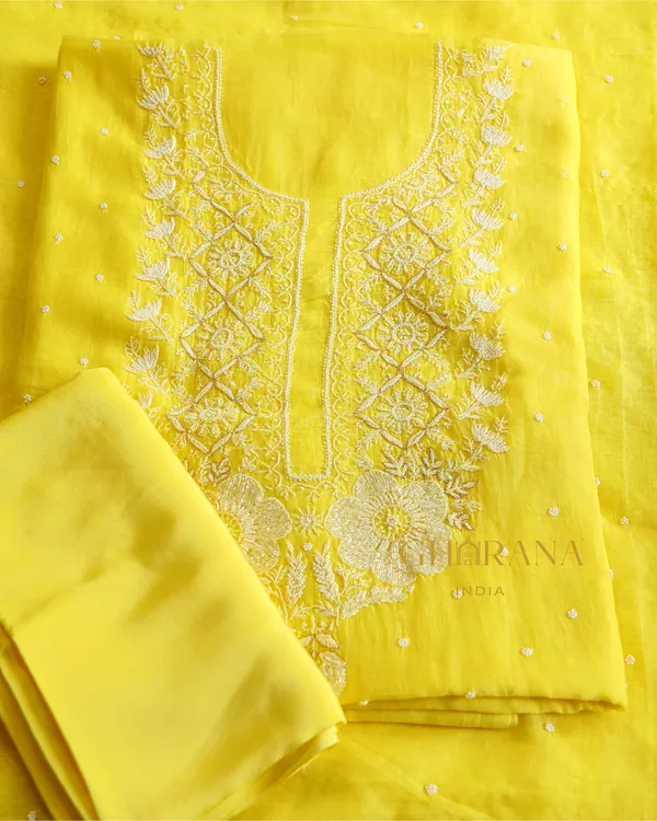 Premium_Mulchanderi_3_Pc_Unstitched_Kurta_And_Dupatta_And_Bottom_Set_In_Pearl_Katdana_And_Mukaish_Work_Yellow