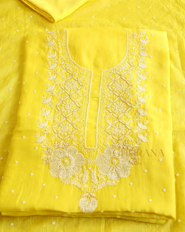 Premium_Mulchanderi_3_Pc_Unstitched_Kurta_And_Dupatta_And_Bottom_Set_In_Pearl_Katdana_And_Mukaish_Work_Yellow