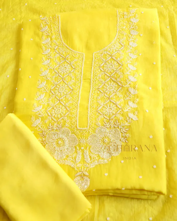 Premium_Mulchanderi_3_Pc_Unstitched_Kurta_And_Dupatta_And_Bottom_Set_In_Pearl_Katdana_And_Mukaish_Work_Yellow