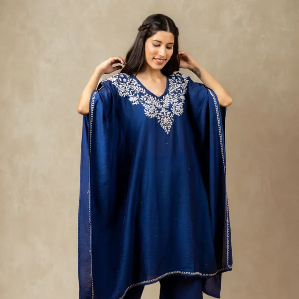 Premium_Chanderi_Silk_Midnight_Blue_Chikankari_Kaftan_Set_With_Kamdani_Work