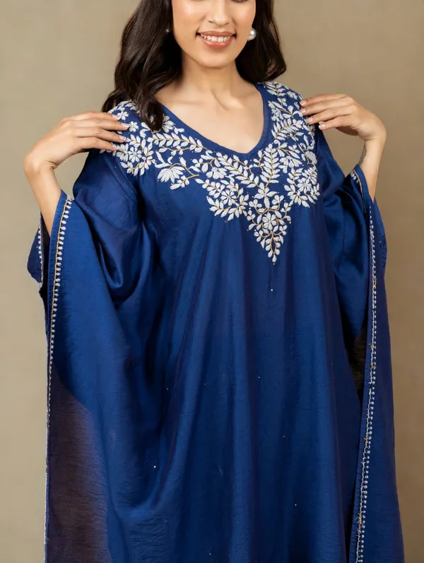 Premium_Chanderi_Silk_Midnight_Blue_Chikankari_Kaftan_Set_With_Kamdani_Work