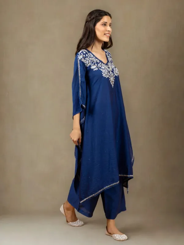 Premium_Chanderi_Silk_Midnight_Blue_Chikankari_Kaftan_Set_With_Kamdani_Work