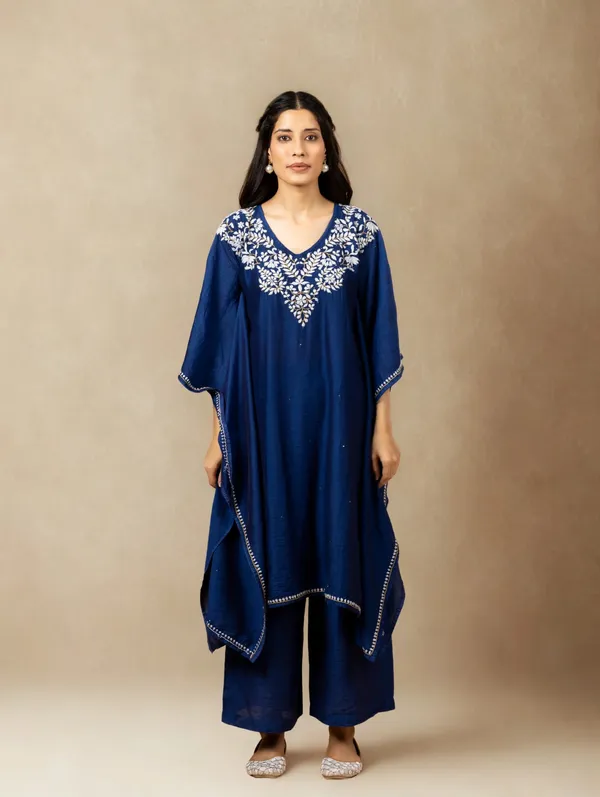Premium_Chanderi_Silk_Midnight_Blue_Chikankari_Kaftan_Set_With_Kamdani_Work