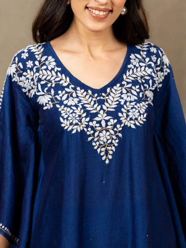 Premium_Chanderi_Silk_Midnight_Blue_Chikankari_Kaftan_Set_With_Kamdani_Work