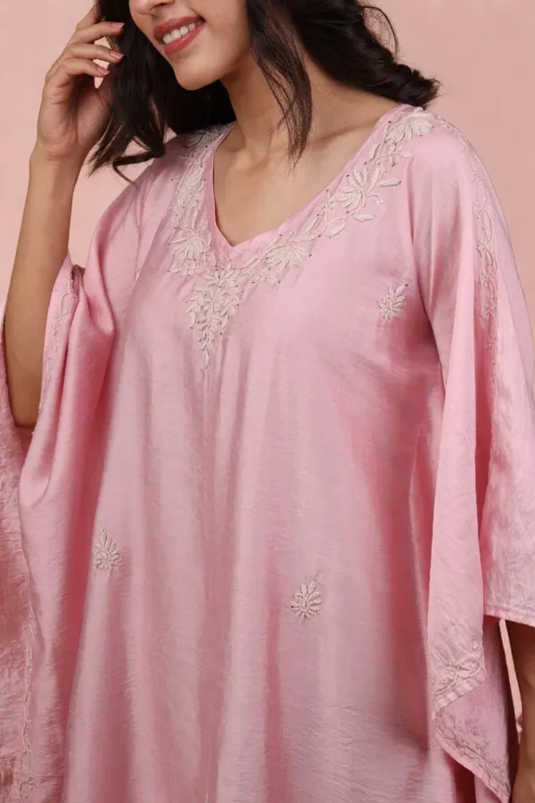Premium_Chanderi_Silk_Baby_Pink_Chikankari_Kaftan_Set