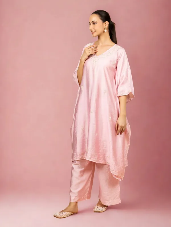 Premium_Chanderi_Silk_Baby_Pink_Chikankari_Kaftan_Set