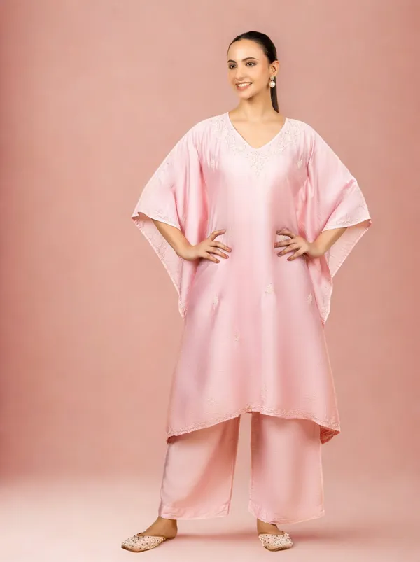 Premium_Chanderi_Silk_Baby_Pink_Chikankari_Kaftan_Set
